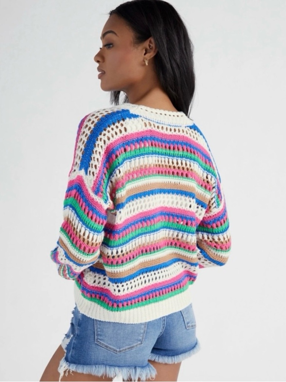 Vigoss Multicolor Striped Open-Knit V-Neck Cardigan - Picture 5 of 15